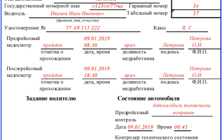 Образец формы путевого листа легкового автомобиля